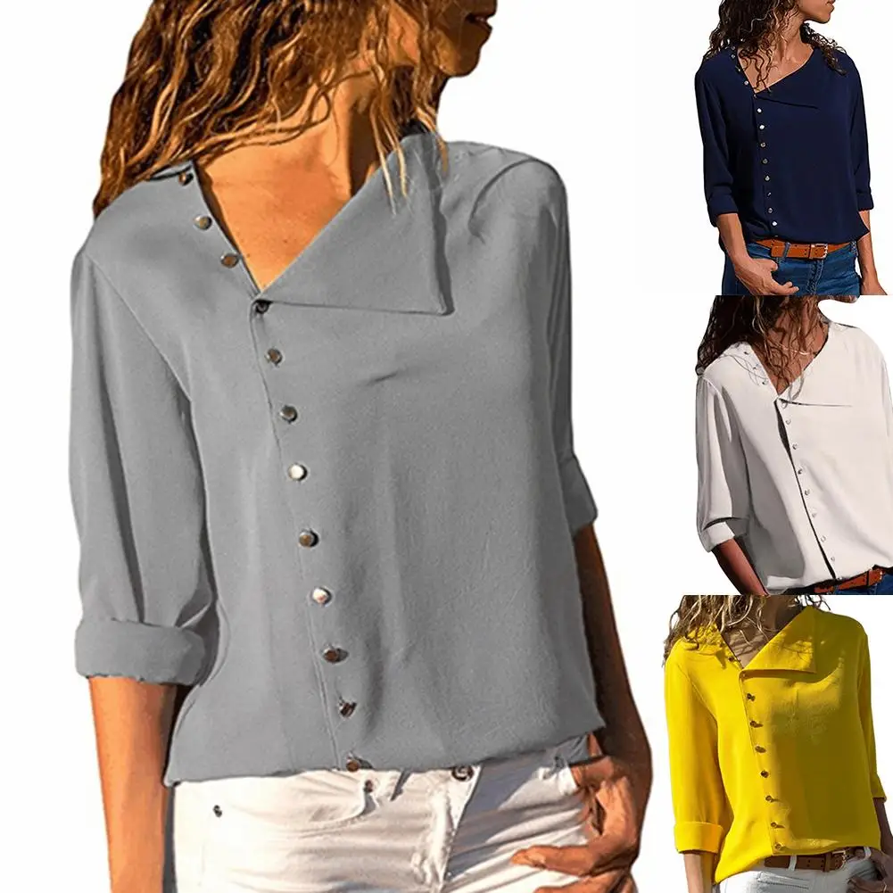 Женская рубашка на пуговицах асимметричный диагональный воротник длинный рукав