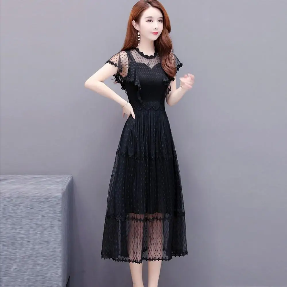 

Women's Spring Summer Style Chiffon Dress Women's Fake Two Pieces Solid Color O-neck Short Sleeve Ruffles Casual Dress SS1802