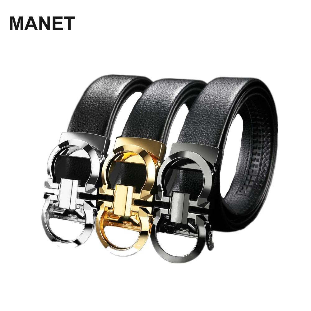 

MANET Men Belt Genuine Leather Luxury Cowskin Strap Mens Belt Business Male High Quality Belts Alloy Automatic Buckle Waist Belt