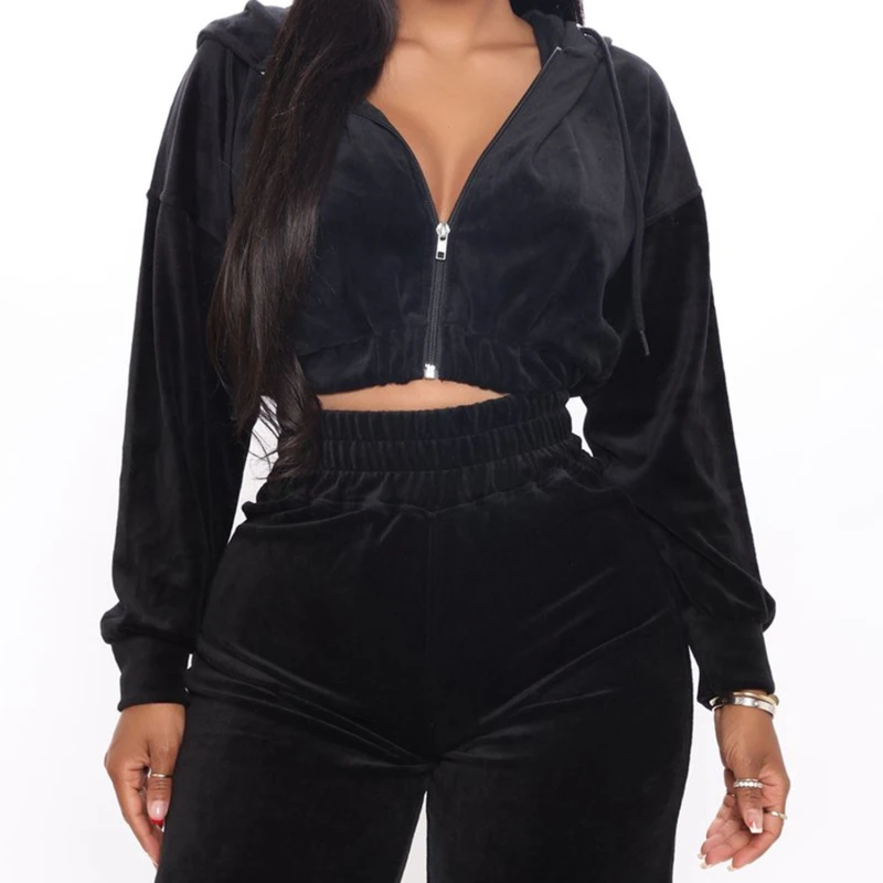 

Autumn Women Casual Suit Zipper Long-sleeved Hooded Short Top Elastic Waist Solid Color Trousers Female Pants Suit