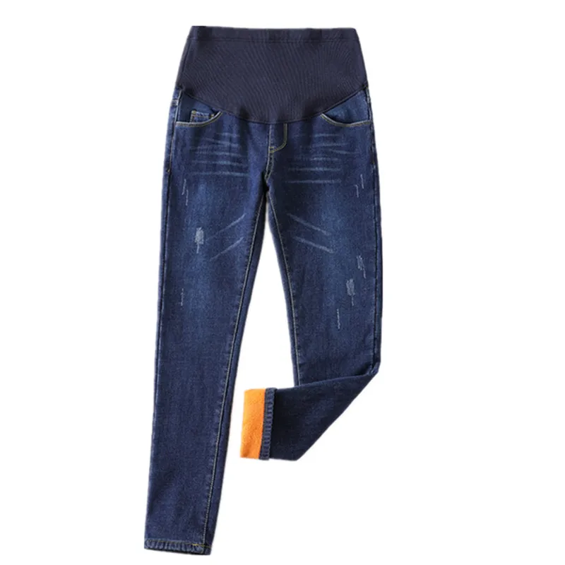 A6607# Winter Thicken Warm with Velvet Denim Maternity Jeans Stretch Belly Pants Clothes for Pregnant Women Pregnancy Trouesrs | Мать и