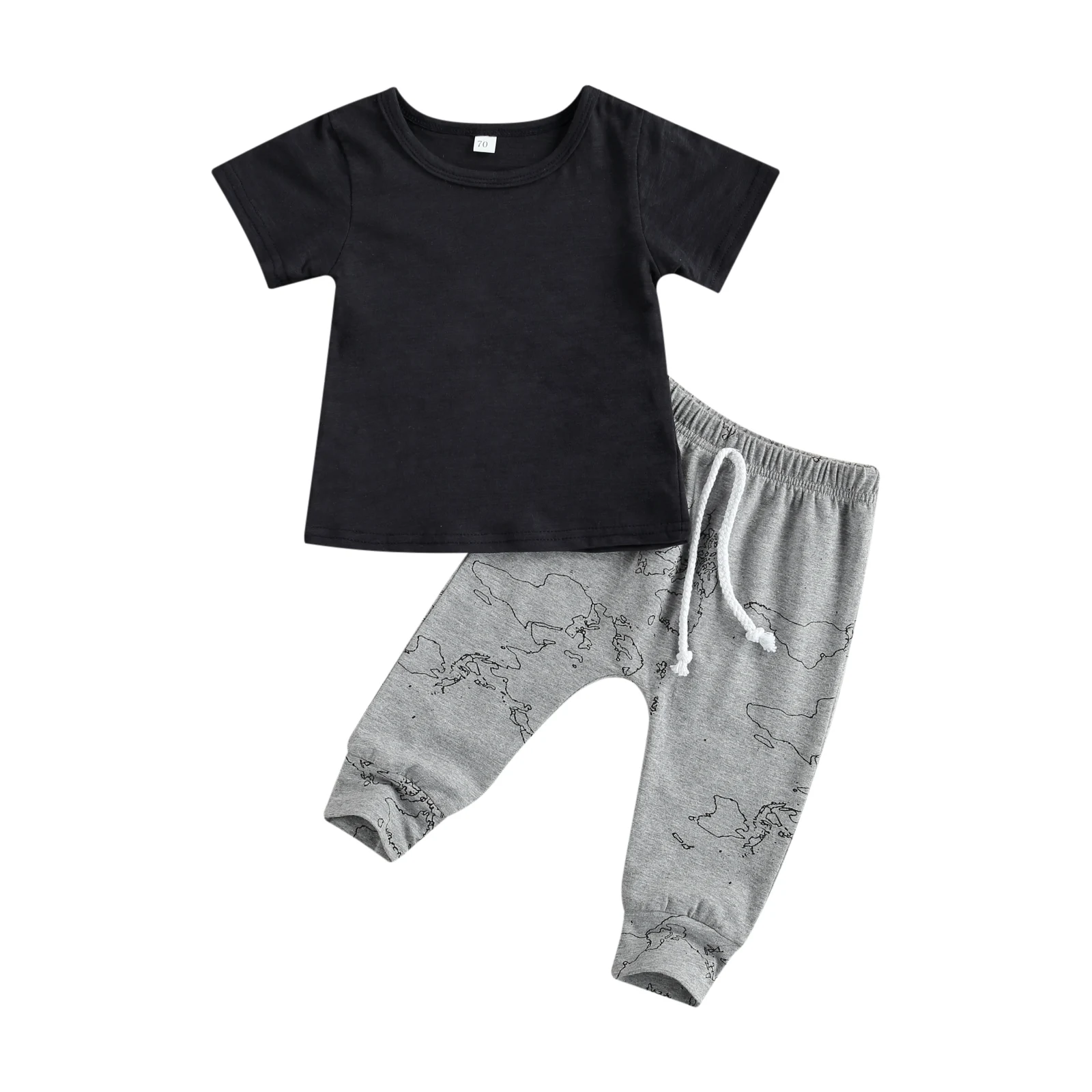 

Baby Boy’s Short-sleeved and Trousers Suit Fashion Solid Color Pullover T-shirt and Map Printed Long Pants