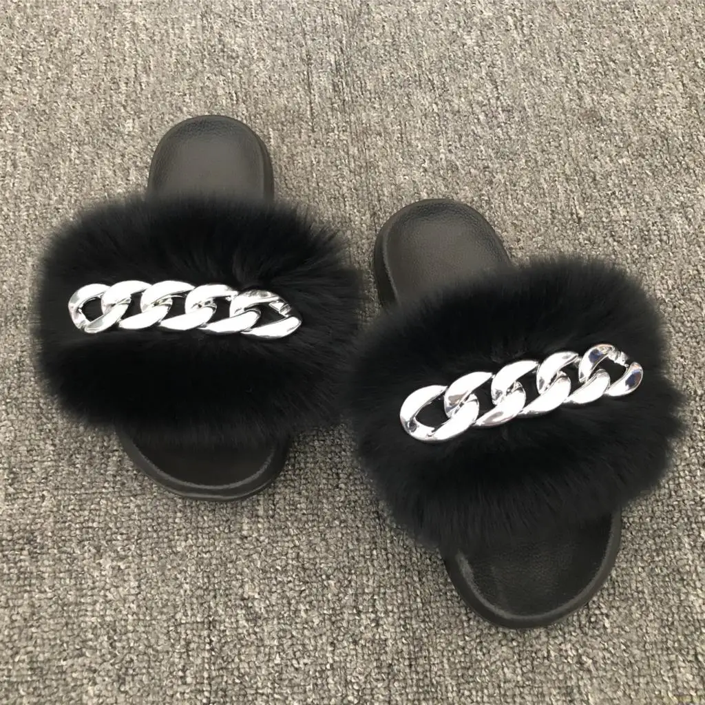 

Real Fox Fur Slippers Fluffy Flip Flops Shiny Chain Plush Slippers Furry Fur Slides Home Beach Flat Sandals Women Fashion Shoes