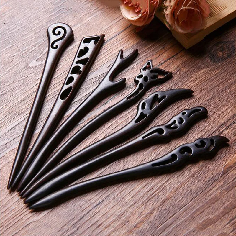 Женская деревянная заколка ручной работы из черного эбенового дерева длинная