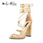 Босоножки-гладиаторы Onlymaker, золотистые босоножки на высоком каблуке 10 см, с перекрестными ремешками, на шнуровке, на массивном каблуке, большой размер 43