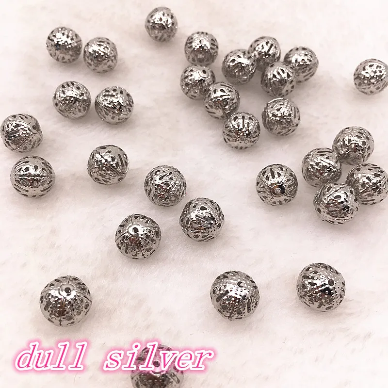 03dull silver 150-30 шт. 4/6/8/10 мм полый шар с цветами и бусинами и металлическими декоративными элементами из бронзы/Золотой и серебристый цвета Позолоченные филигранные граненые бусины для изготовления ювелирных изделий - Цвет: 03dull silver