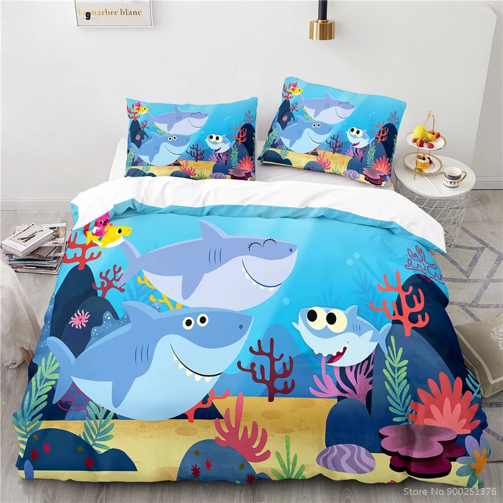 

3D Cartoon Shark Sharks Printed Bedding Set Duvet Cover with Pillowcase Set Bed Linens Bedclothes for Children Kids Boys Girls