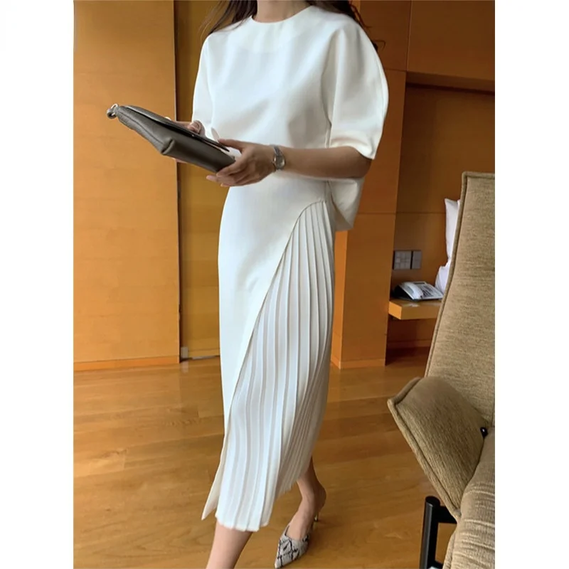 

Skirt suit ladies two-piece short-sleeved T-shirt + high waist long pleated skirt 2-piece pleated skirt new store super discount