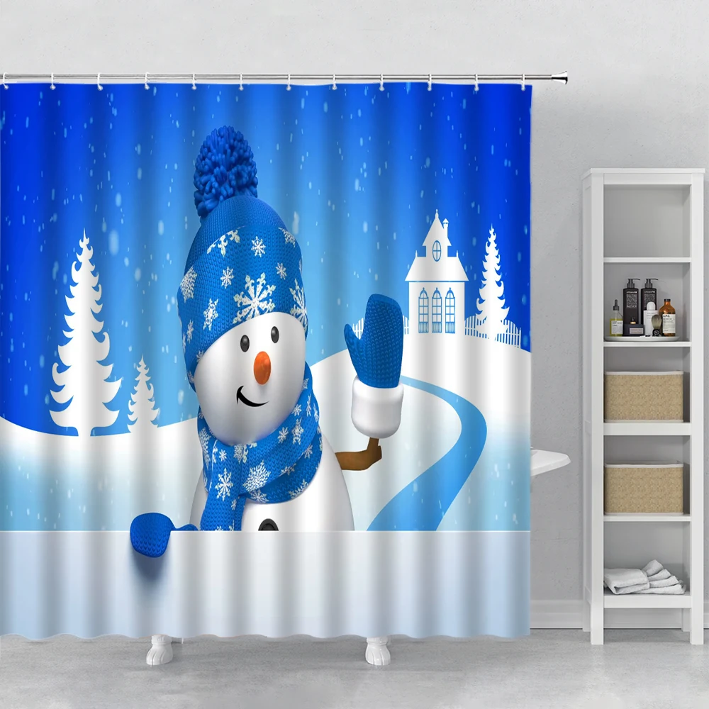 

Winter Cute Blue Snowman Shower Curtain Snow House Christmas Tree New Year Holiday Decoration Bathroom Bath Curtains With Hooks
