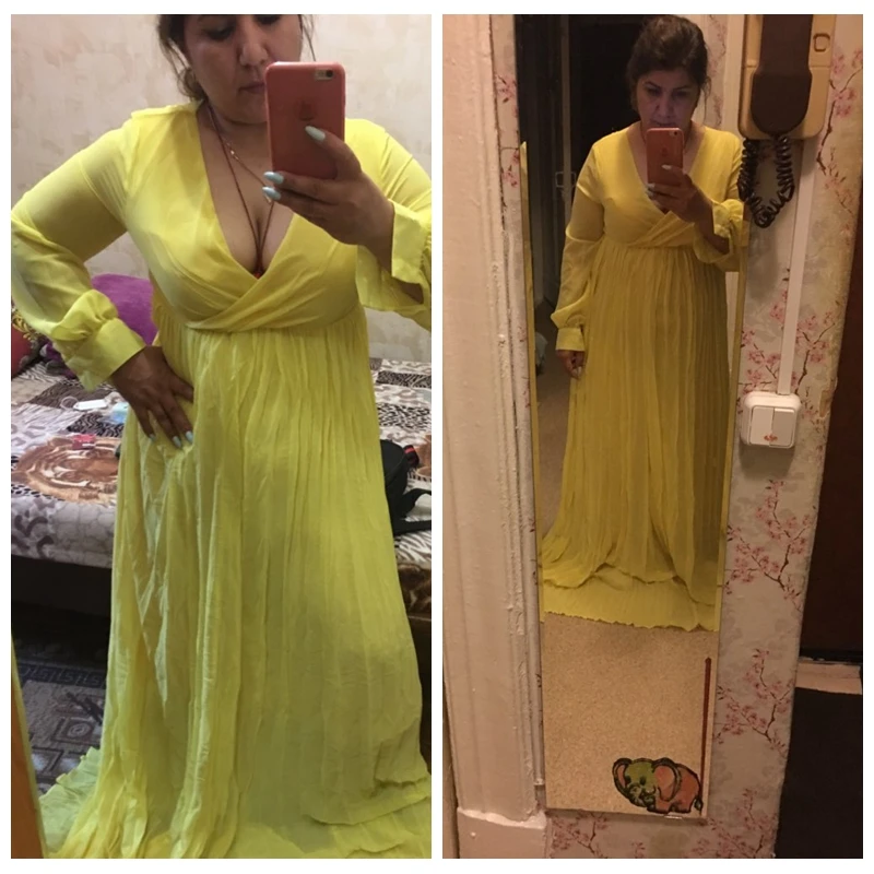 Желтое Сексуальное платье с рукавом-фонариком размера плюс для офисных девушек