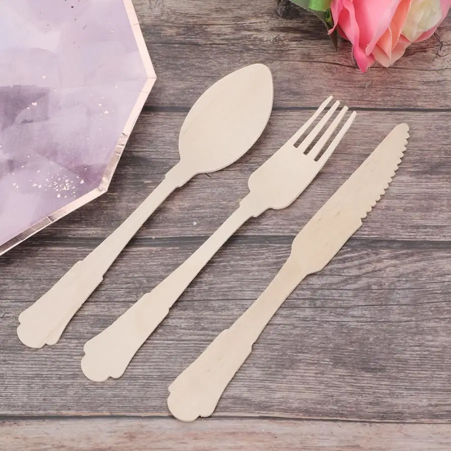 Деревянные одноразовые ножи вилки ложки столовые приборы посуда для вечеринки в