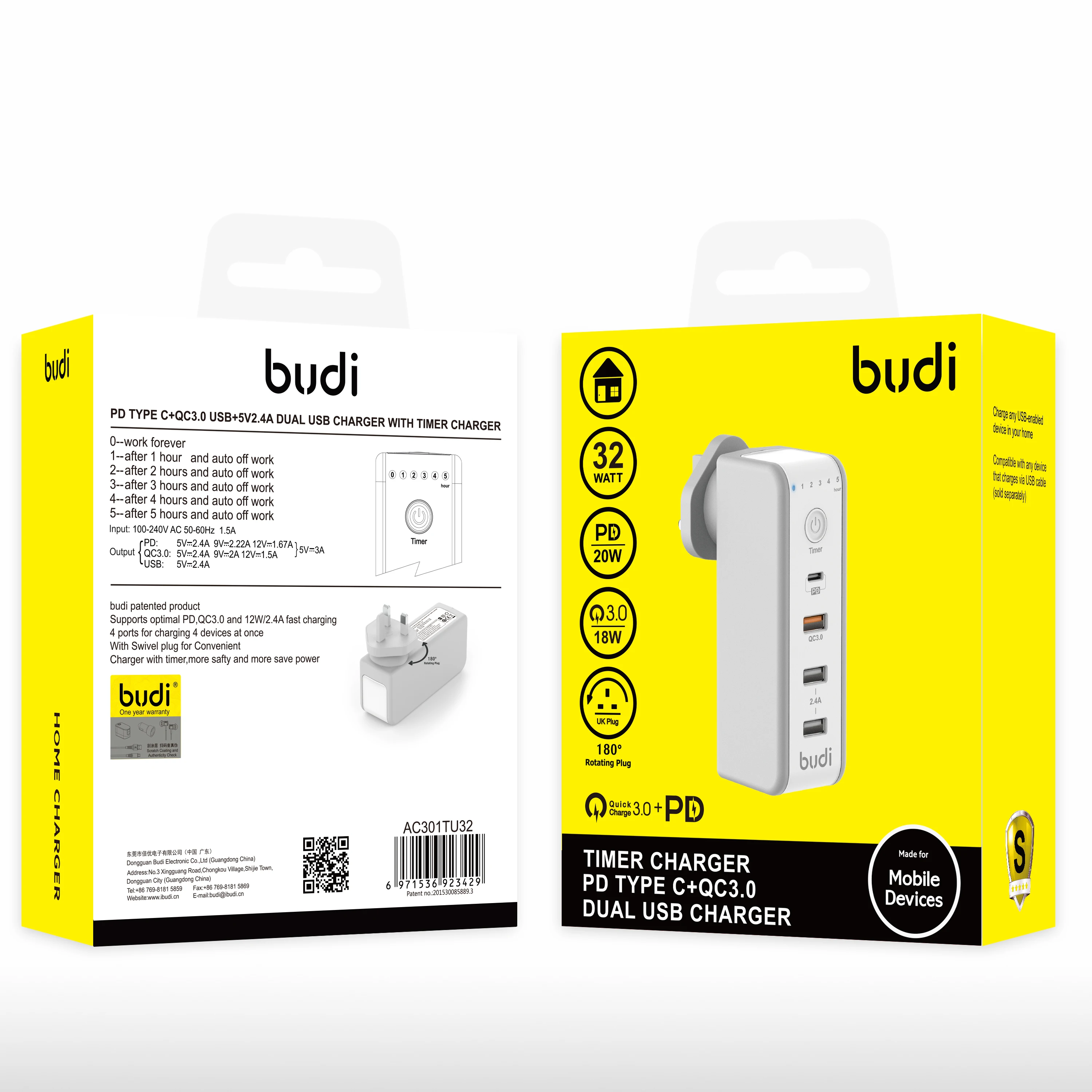 budi usb quick travel charger 32w pd type c 20w qc3 0 18w power adapter supply for phone accessories with time control function free global shipping