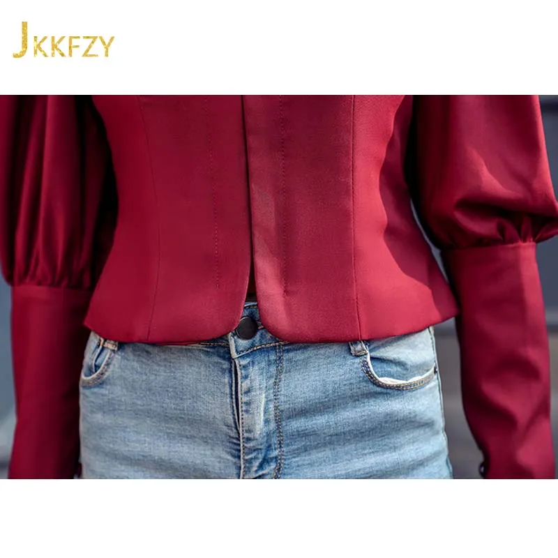 

Spring 2021 Women Square Collar Backless Short Shirt Fashion Design Blouse Long Puff Sleeve Korean Version Thin Femme Chemise