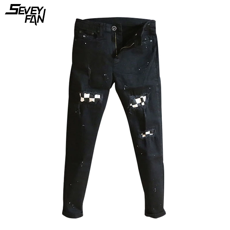 

Men's Fashion Ripped Jeans Black White Plaid Patchwork Paint Harajuku Hip Hop Jean Pants Nightclub Designer Slim Denim Trouser