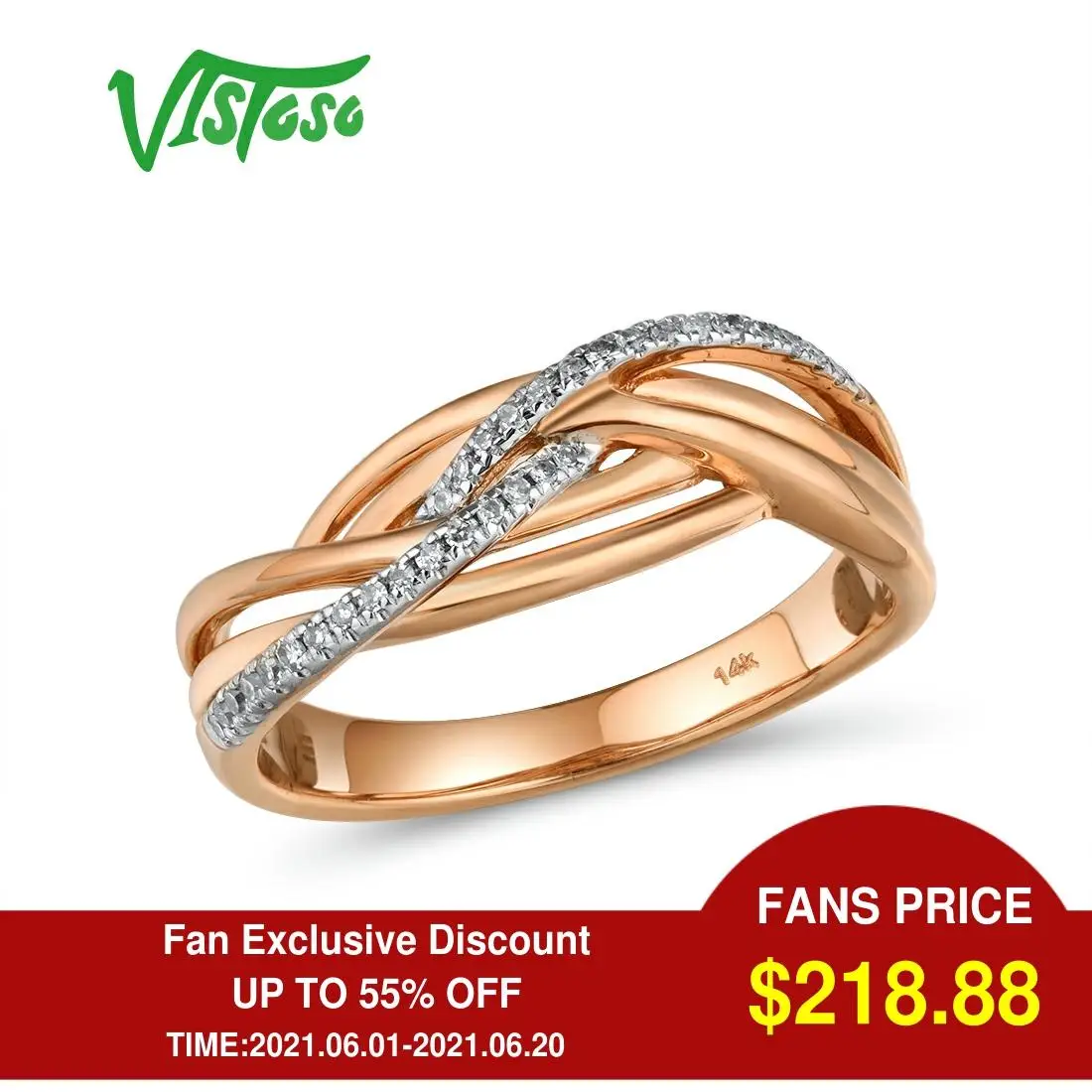 Женское золотое кольцо с бриллиантами VISTOSO розовое золото 14 к 585 пробы со