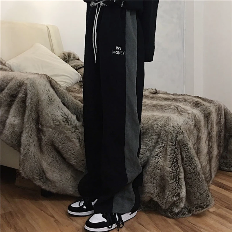 

Autumn and winter 2021 Korean version of ins retro color matching corduroy Harajuku loose straight wide leg casual pants women's