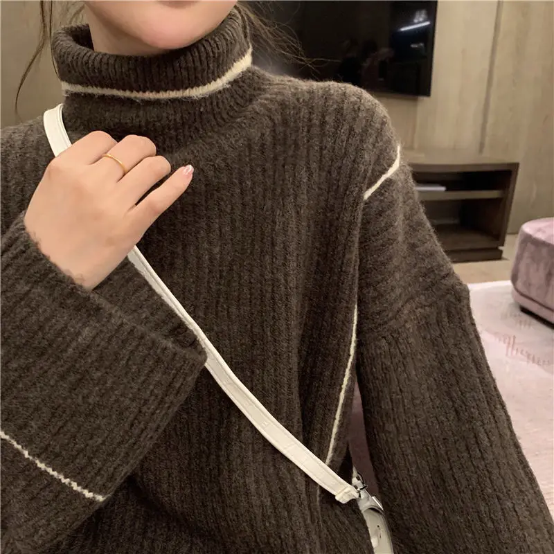 

Sweaters Women Turtleneck Chic All-match Striped All-match Baggy Ulzzang Pullovers Korean Style Vintage Simple Retro Casual New