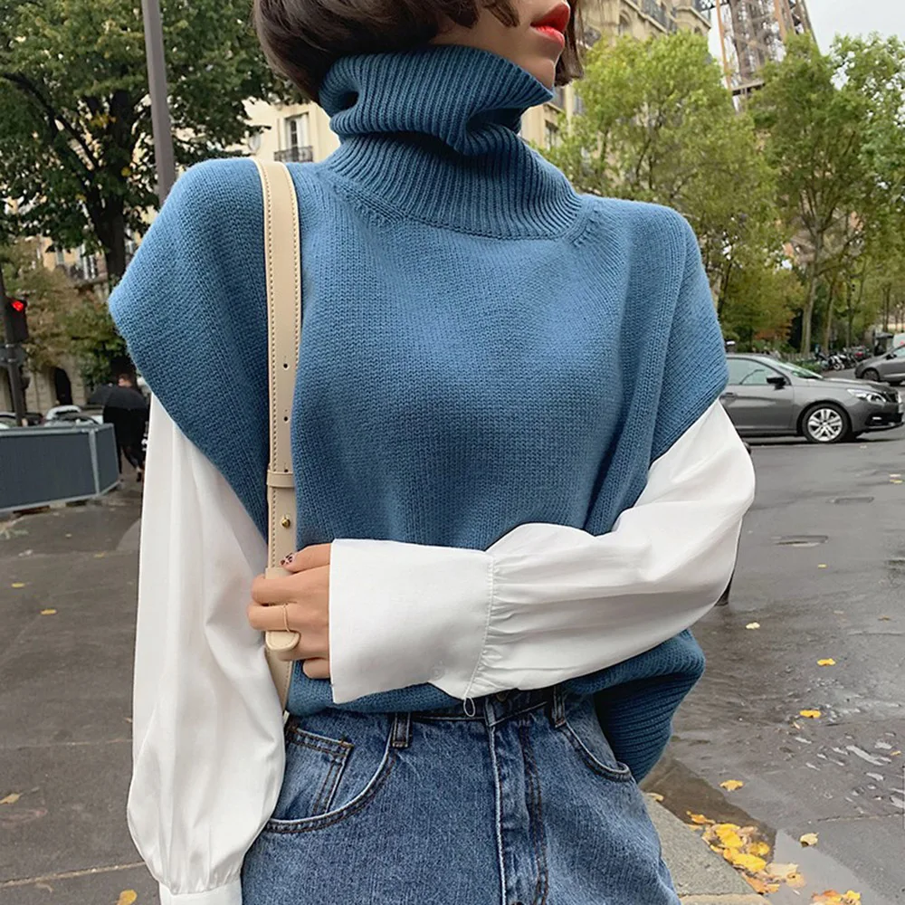 

Autumn Winter New Women Korean Version Sweater Simplicity Turtleneck Fashion Temperament Solid Color Split Fork Vest 2021