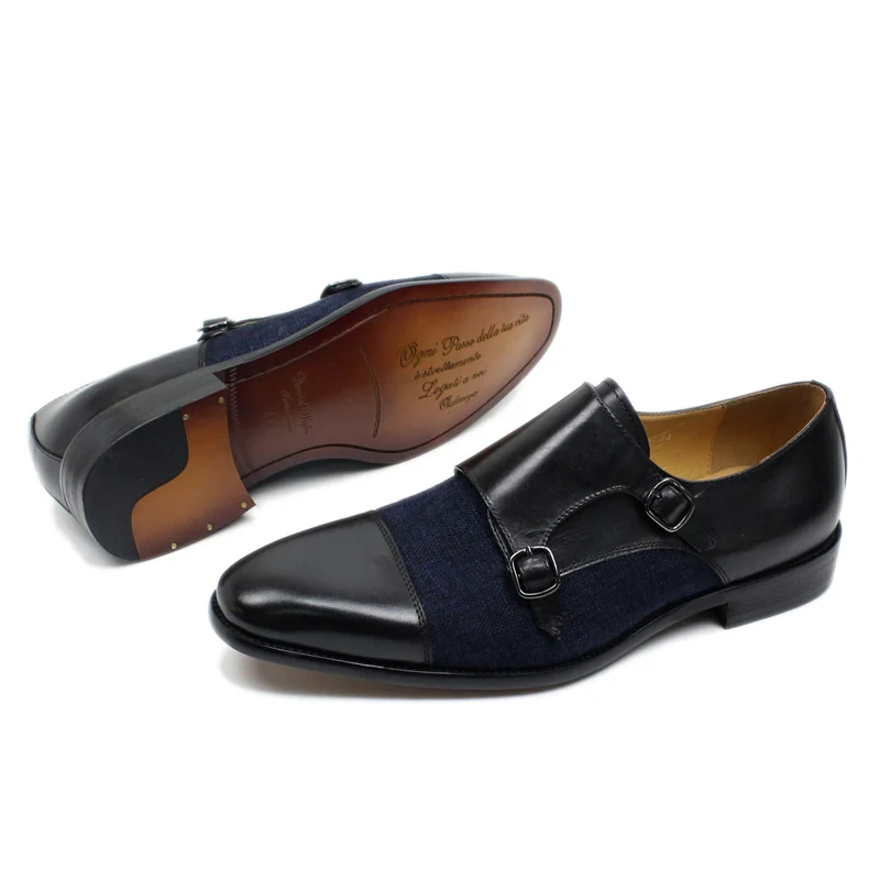 DANIEL WAFER Brand Designer Monk Strap Mens Dress Shoes Genuine Leather With Denim Black Brown Wedding Party Dress Shoes Men