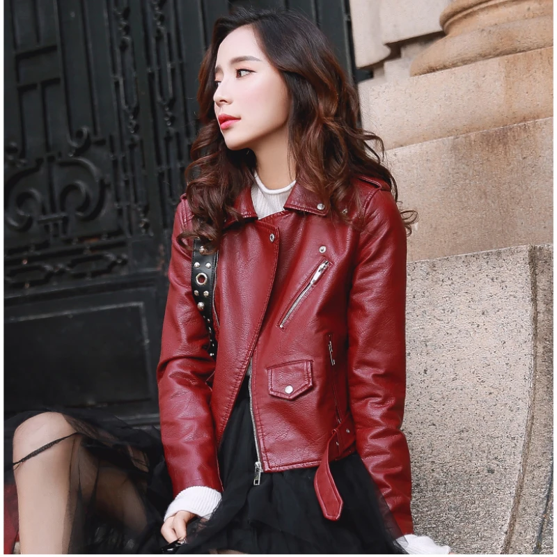 

Fashion New Women's Spring and Autumn Motorcycle Leather Jacket All-match Slim Korean Pu Leather Jacket Short Leather Jacket