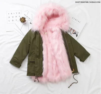 Green Pink Fur Меховая куртка для девочек и мальчиков зимние парки верхняя одежда для детей ясельного возраста шуба из искусственного лисьего меха для девочек, черная детская одежда с капюшоном, TZ323 - Цвет: Green Pink Fur