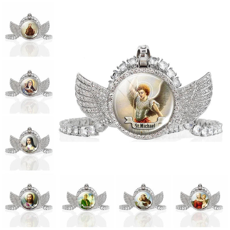 

St Michael St Patrick Angel Wings Pendant Necklace Silver Color Rhinestone Chain Necklace Christian Jewelry for Men Women