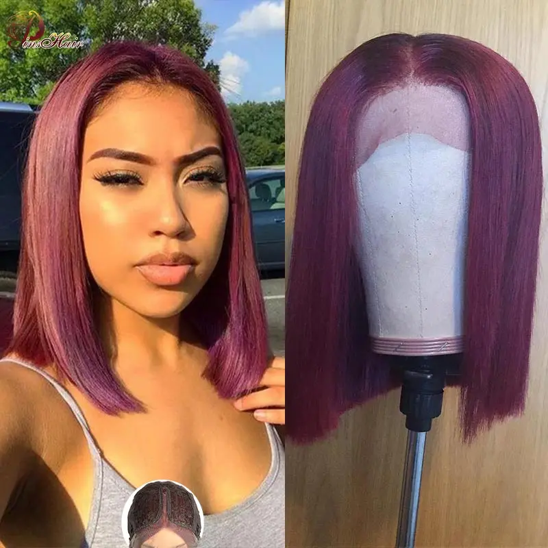 

Short Red Bob Human Hair Lace Wigs Burgundy 99J Peruvian 13x1 Lace Wigs Remy Hair Wigs Baby Hair Hd Transparent Bob Lace Wig 150