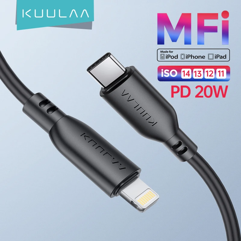 KUULAA MFi Кабель с разъемом USB типа C для кабеля Lightning/USB PD 20W Быстрый зарядный кабель