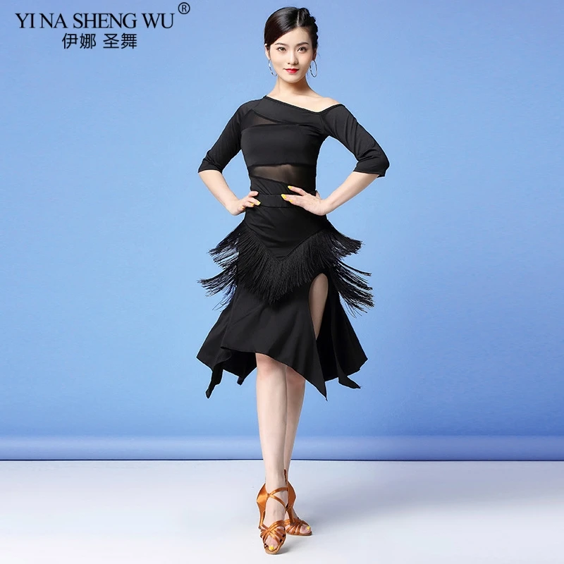 

Женская одежда для латинских танцев, бальное платье Samba, Сексуальные вечерние платья из эластичной сетки, цельный эластичный латинский кост...