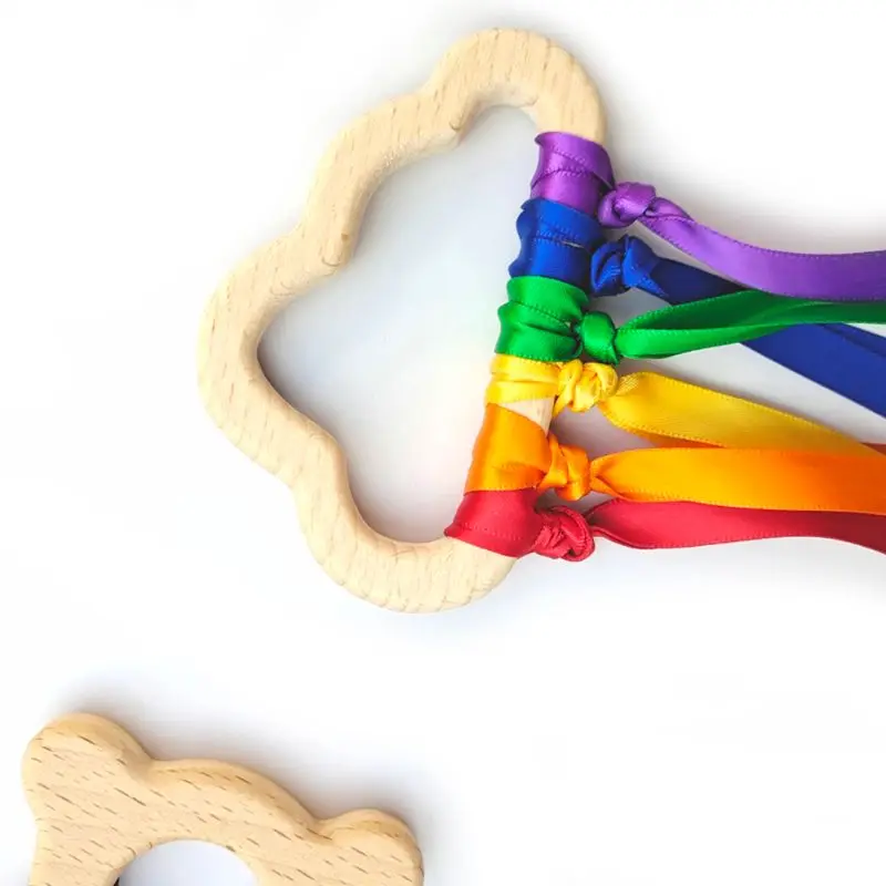 

Rainbow Natural Wooden Ribbon Ring Waldorf Toys Baby Teether Newborn Sensory Toy Shower Gift
