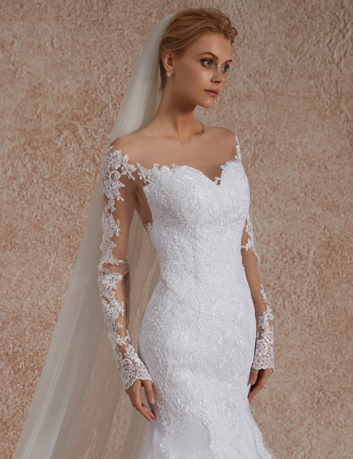 Vivian's Bridal модное свадебное платье из сетчатой ткани с длинными рукавами и кружевной аппликацией, свадебное платье со шлейфом