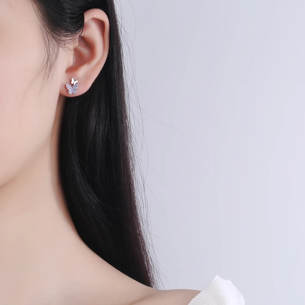 

925 Sterling Silver New Woman Fashion Jewelry High Quality Simple Crystal Zircon Color Butterfly Golden Silver Earrings