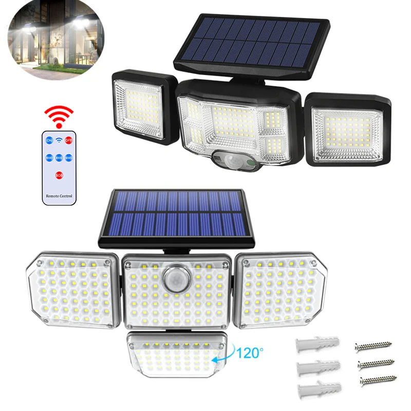 

181 192 LED Solar Lights Outdoor 4 Head Motion Sensor 270° Wide Angle Lighting Waterproof Remote Control Solar Garden Wall Lamp