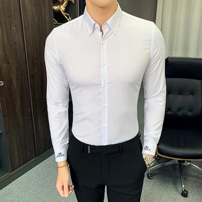 Мужская белая рубашка с длинным рукавом летняя тонкая шелковая Корейская версия