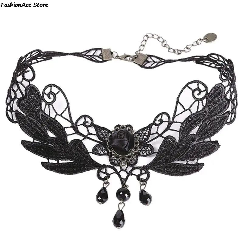 1 pcs gothic vintage hot sale women black rose teardrop pendant sexy lace necklace lolita collar necklace brand newly free global shipping