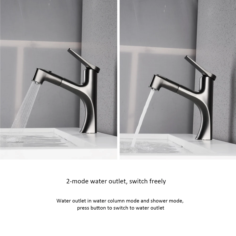 

Pull Out Basin Faucet Deck Mounted Single Hole Single Handle Bathroom Vanity Hot Cold Water Mixer with 2 Outlet Mode