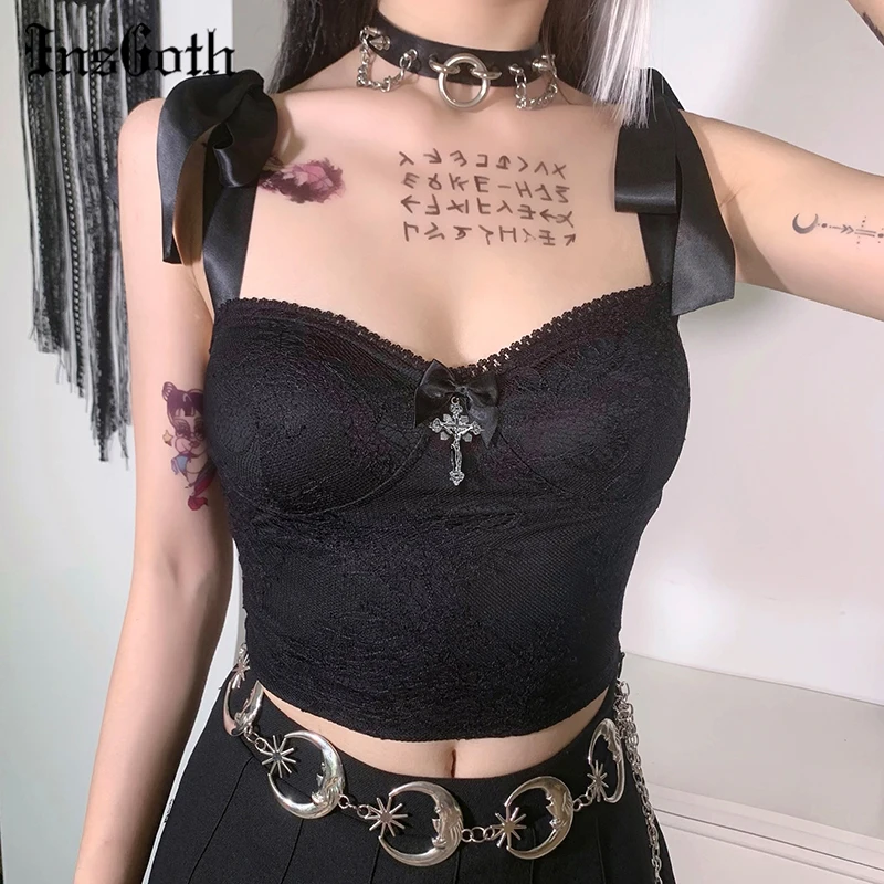 Винтажная черная майка с бантом InsGoth готический облегающий бандажный корсет топы