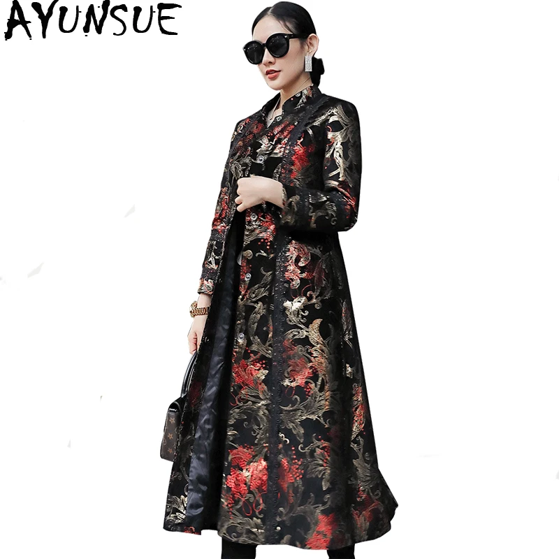 AYUNSUE/куртка из натуральной кожи Сезон осень-зима Женская куртка с принтом Длинный