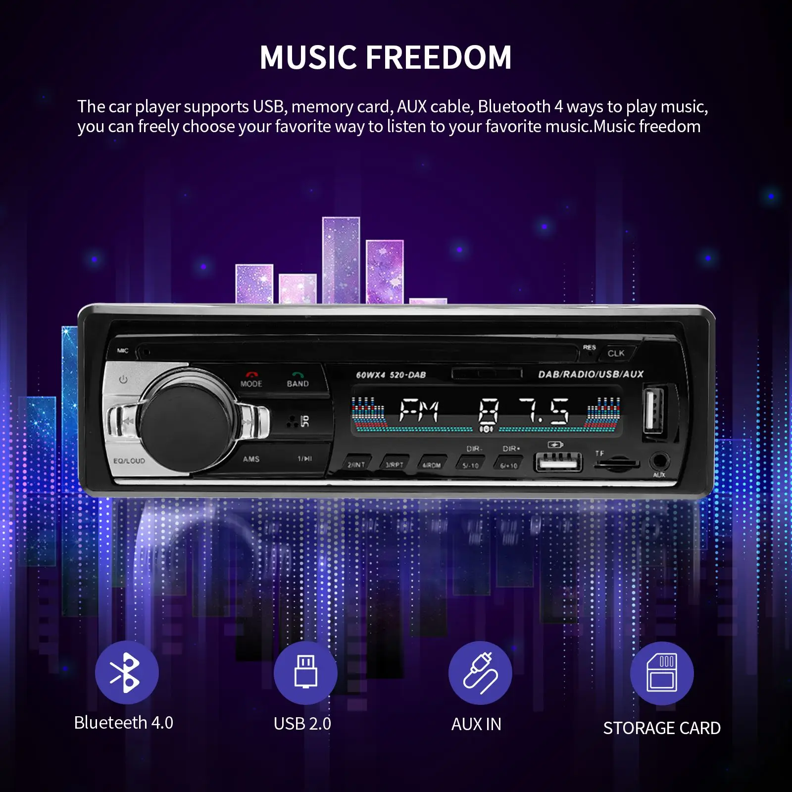 

Автомобильный аудиоплеер 12 В, Автомобильный мультимедийный плеер, автомобильный стерео Bluetooth 5,0 USB 2,0 AUX Карта памяти RCA FM 87,5-108 МГц передатчик