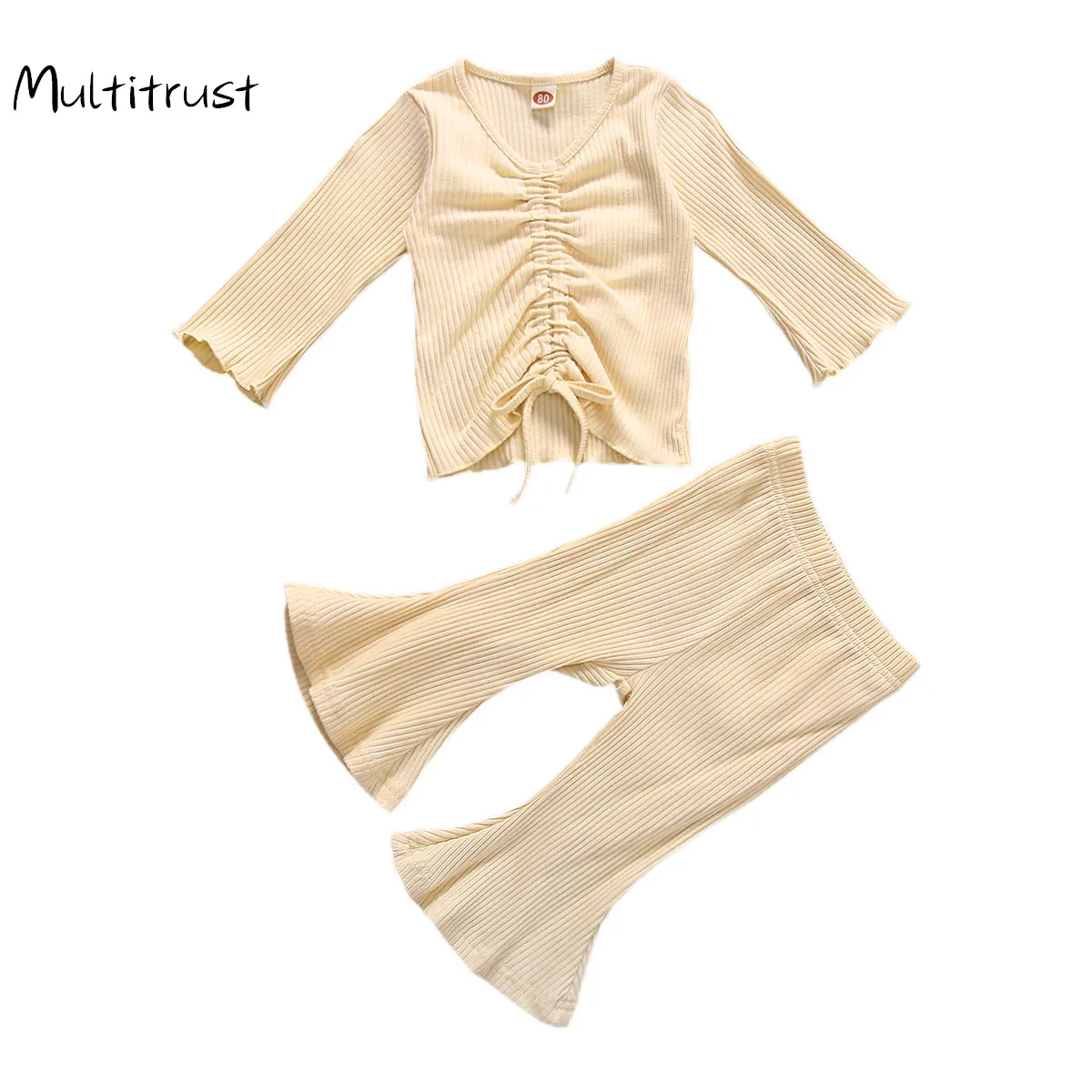 

Осенние комплекты одежды для маленьких девочек, вязаный однотонный пуловер с длинным рукавом и бантом, топы, расклешенные штаны, брюки, 7 цве...