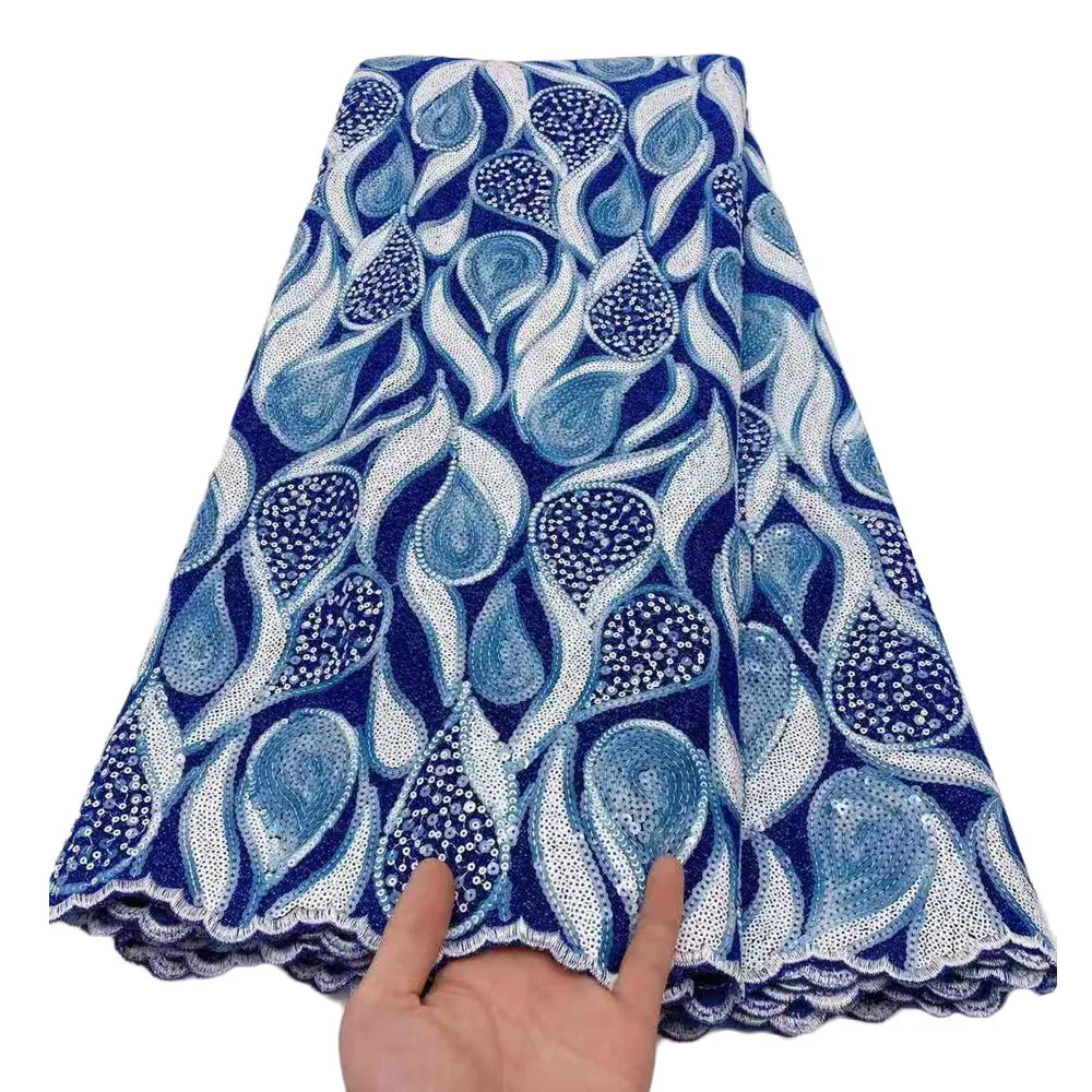 

Африканская Кружевная Ткань 5 ярдов 2021 высокое качество аквамариновая синяя вышивка блестками нигерийская свадебная одежда Asoebi кружевной ...