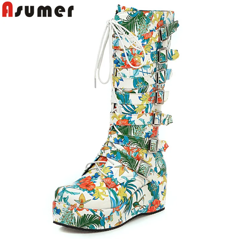 

Женские сапоги до середины икры ASUMER, с круглым носком, на танкетке, с цветами, размеры 34-46, для осени и зимы, 2021