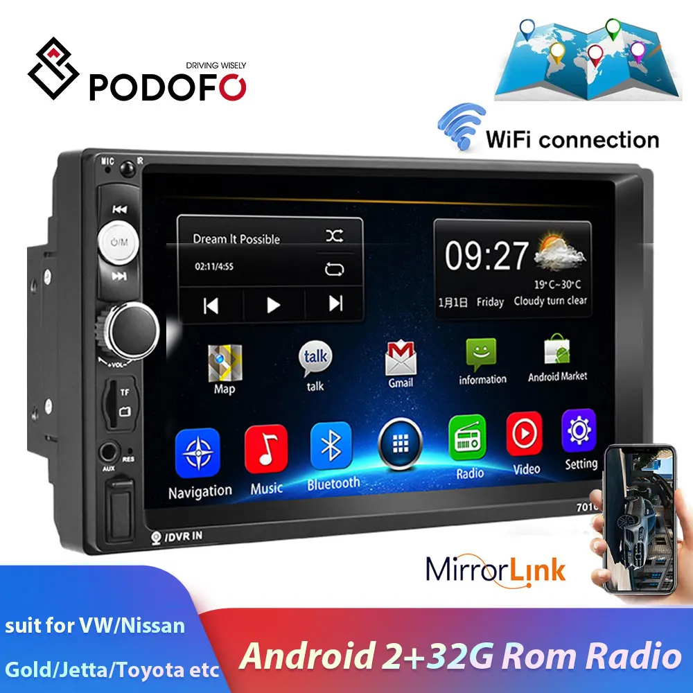 Podofo 2din Автомагнитола Android gps Navi WiFi " автомобильный мультимедийный плеер стерео для VW TOYOTA GOLF Nissan hyundai CR-V Авторадио