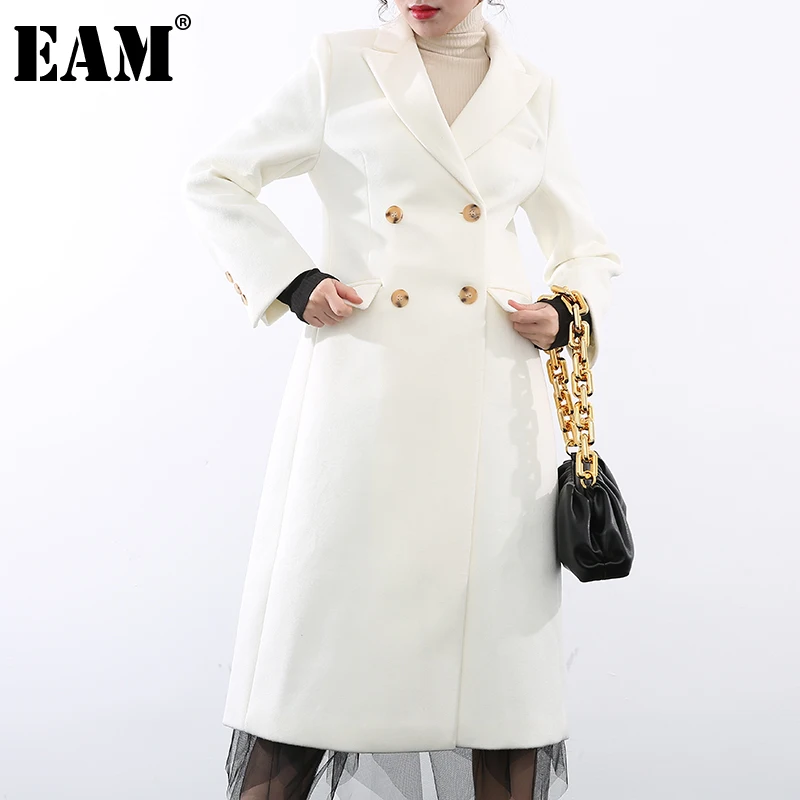 

[EAM] Loose White Double Breasted Big Size Woolen Coat Parkas New Lapel Long Sleeve Women Fashion Autumn Winter 2021 1DD097500