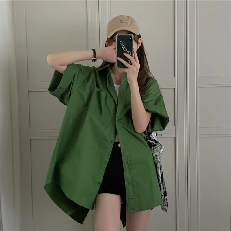 

Green Back Split Shirts Female Summer New Short Sleeve Loose Casual BF Harajuku White Tops Blouse Women Stylish Shirts