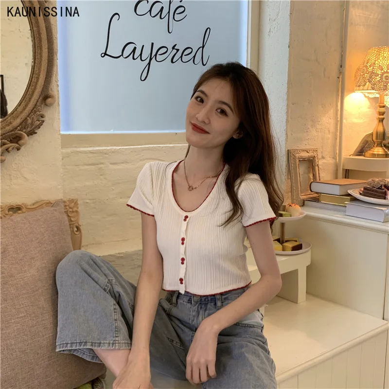 Эластичный укороченный топ с коротким рукавом женская летняя облегающая