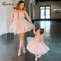 simple mini girl birthday dress sleeveless illusion girl party dress glitter belt flower girl dress mother daughter dress