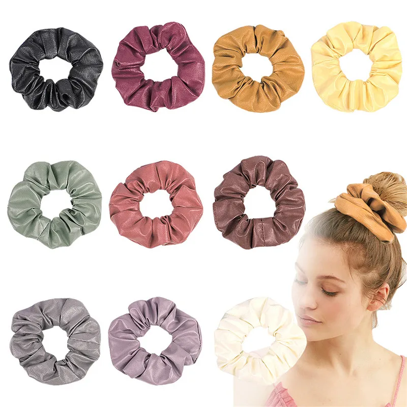 Для женщин Винтаж кожаные волосы PU Scrunchies большой Однотонные резинки; Стрейчевые удобные эластичные резинки для волос основные резинка для волос