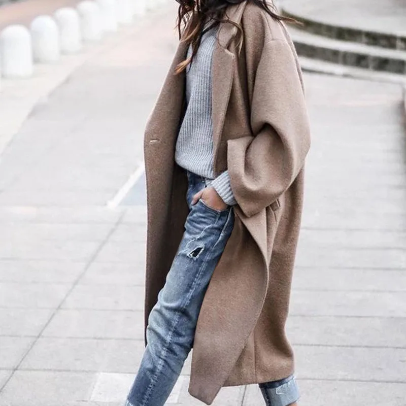

2020 New Solid Turn Down Collar Single Breasted Long Women Trench Coat
