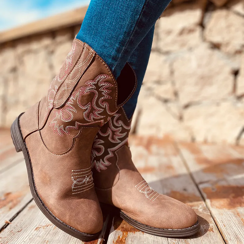 Women Ankle Boots PU Embroidery Slip-On Winter Women's Short Low Heel Retro Ladies Shoes Female Plus SizeNew | Обувь